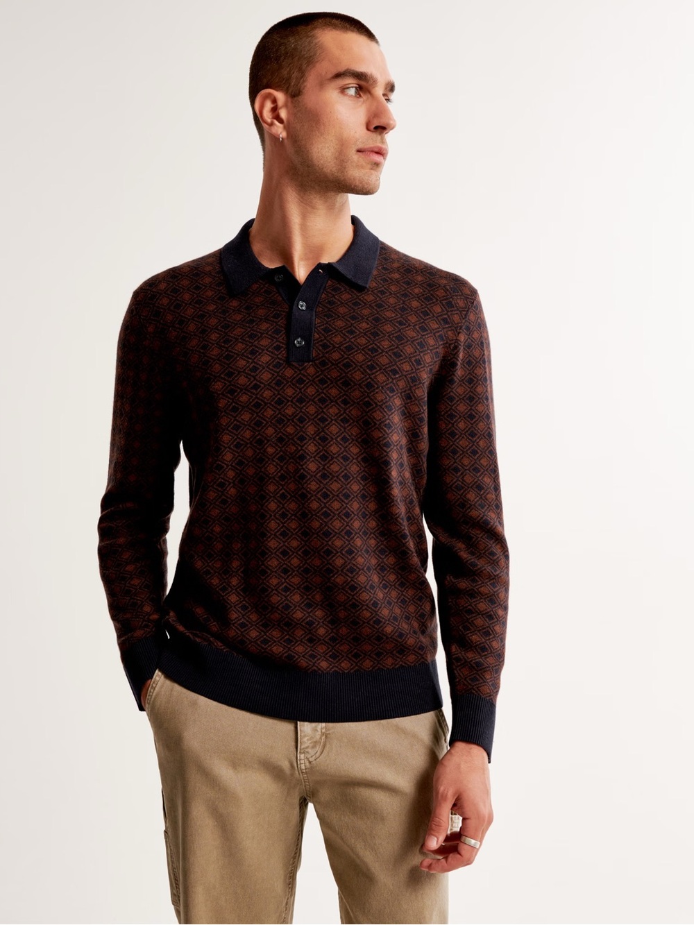 Abercrombie & Fitch Men's Brown Patterned Long-Sleeve 3 Button Polo Sweater- L